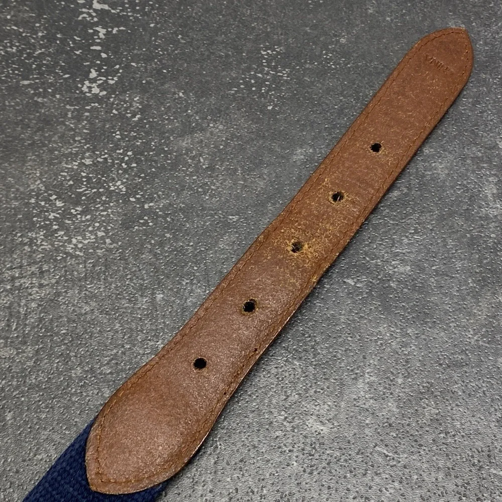 Flying Duck Medallion Golf Belt Men's 38 Waist Tan Leather & Blue Woven Fabric